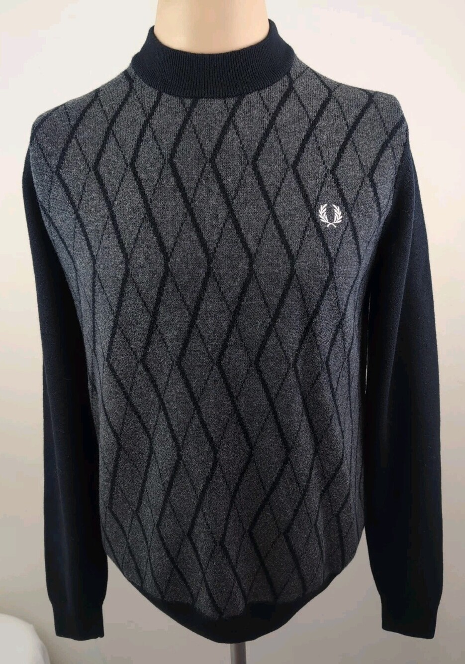 Fred Perry Mens Black & Gray Argyle Stretch Pullover Turtleneck Sweater Small